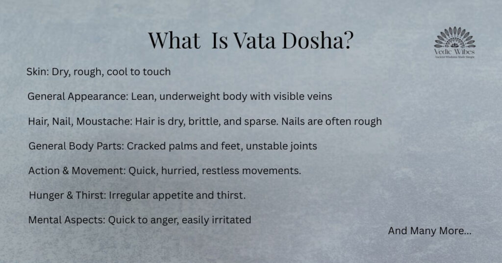 Ayurveda dosha chart highlighting Vata imbalance symptoms