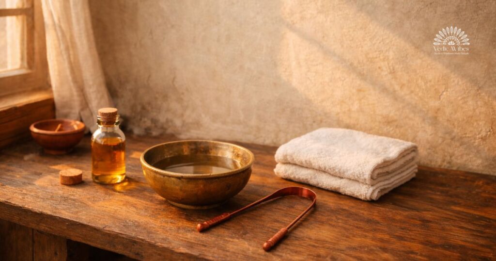 Ayurvedic morning rituals showing warm water, tongue scraper, and sesame oil in a calm Indian home during early morning light